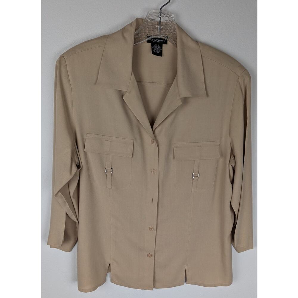 Bay studios career wear Beige wmns shirt Top 100% Silk Size Lge Bust44" CB 23.5"